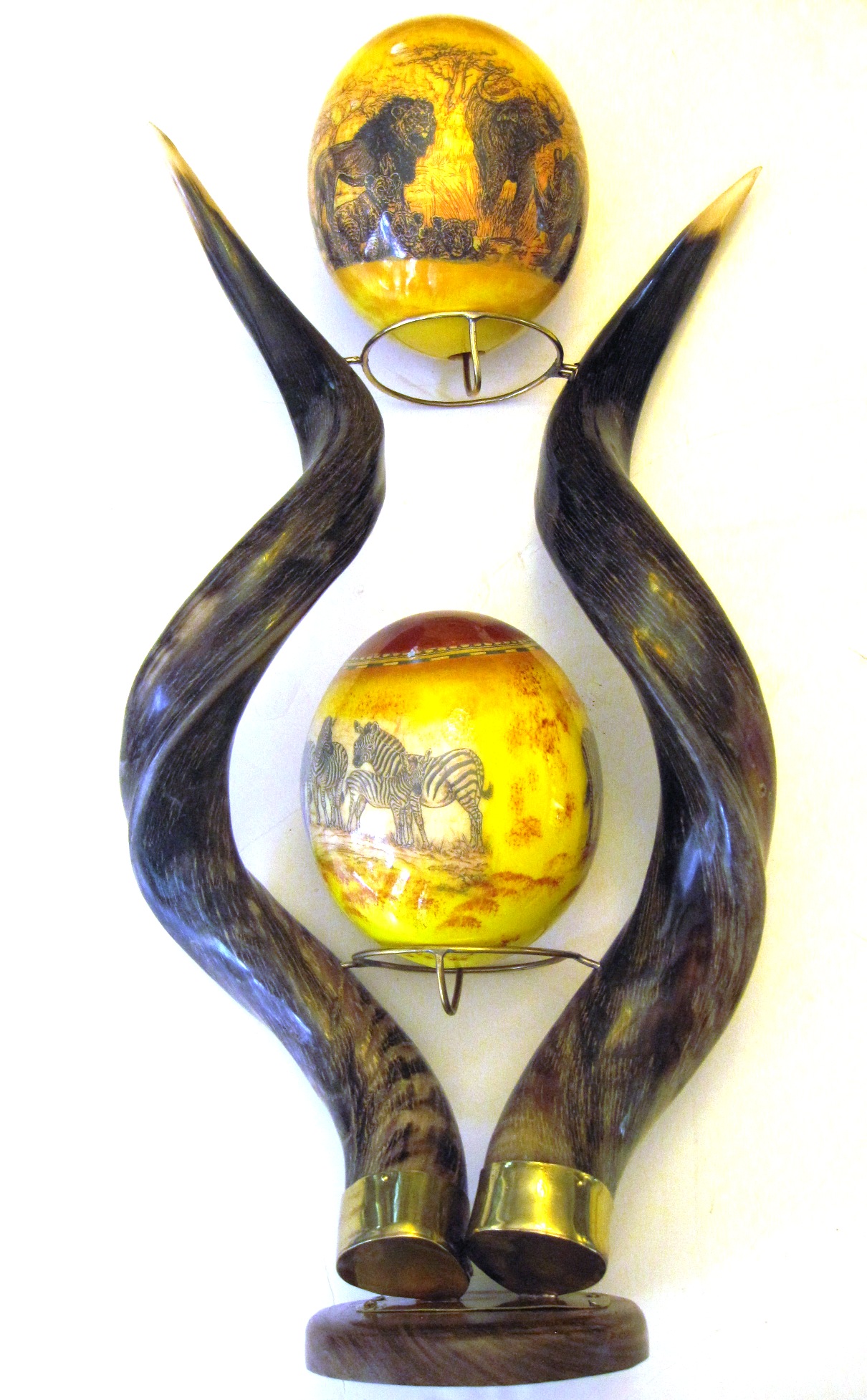 Zebra/Scrimshaw Decoupage double Ostrich Egg w Kudu stand